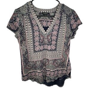 Lucky Brand Boho Patterned V-Neck High/Low Short Sleeve Shirt
